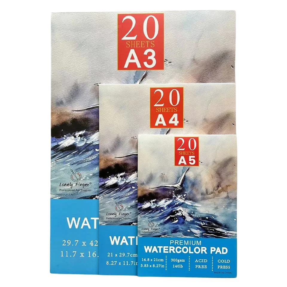 A3/A4/A5 Watercolor Pad, 140lb/300 GSM, 20 listov | Za studena, bez kyselín, umelecký papier pre dospelých a študentov-maľba, Gou
